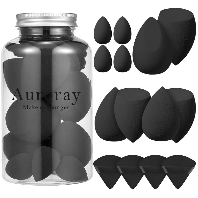 AuraRay 14 Pcs Makeup Sponge Set, Beauty Sponges Blender with 4 Pcs Powder Puff and 4 Pcs Mini Make up Sponges for Liquid,Foundation,Powder,Concealer,Cream (Black) - Image 1